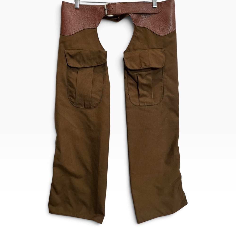Vintage 70s 80s Motorcycle Chaps Canvas Leather Utility Cargo Biker Brown 36-40